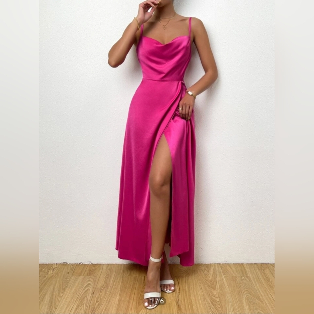 Hot Pink Evening Dress, Satin Like, Draped Collar Wrap Hem Cami Dress, Elegant